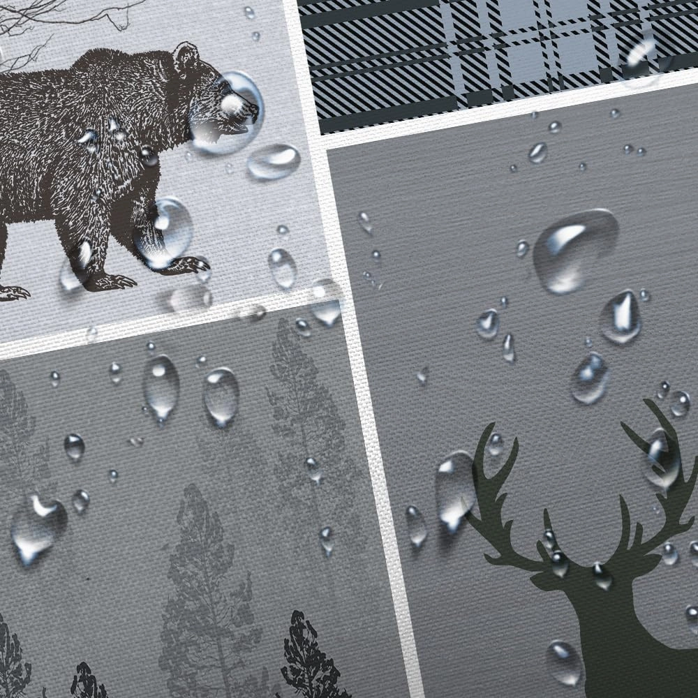 Rustic Cabin Bear Deer Shower Curtain, Country Blue Plaid Shower Curtain Set for Bathroom, Farmhouse Forest Nature Fabric Shower Curtain Restroom Bathtub Decor Accessories with Hooks 69x70inches