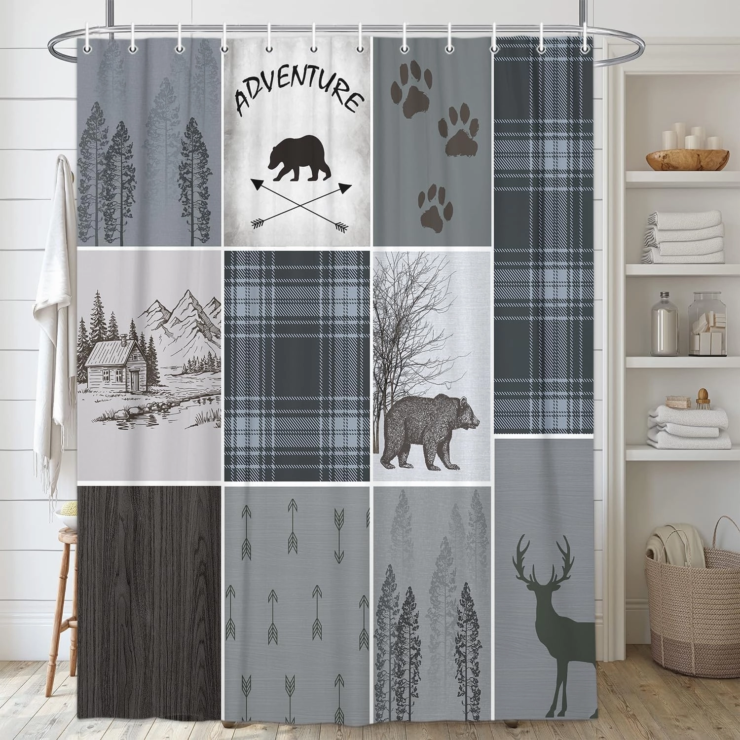 Rustic Cabin Bear Deer Shower Curtain, Country Blue Plaid Shower Curtain Set for Bathroom, Farmhouse Forest Nature Fabric Shower Curtain Restroom Bathtub Decor Accessories with Hooks 69x70inches