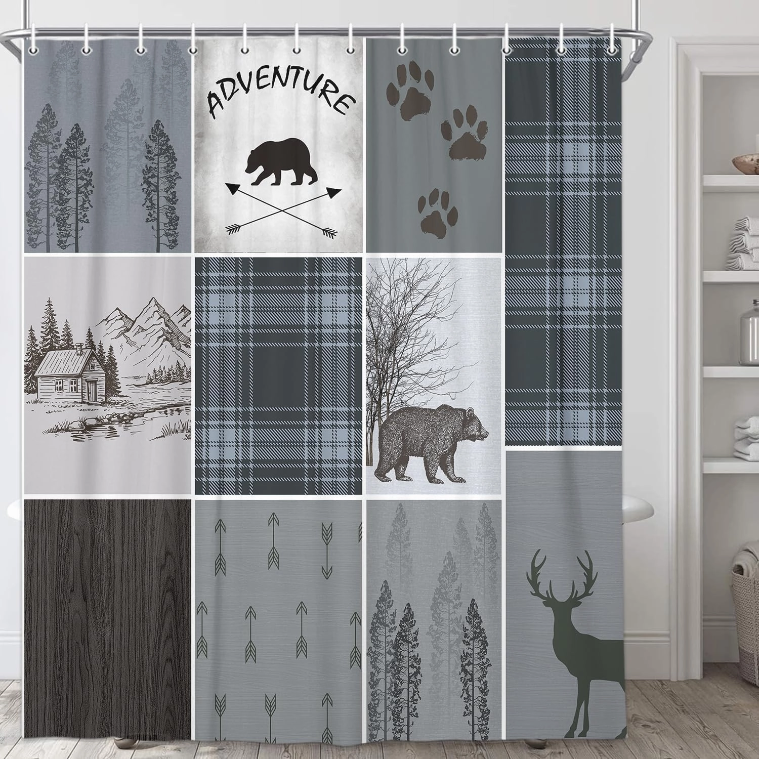 Rustic Cabin Bear Deer Shower Curtain, Country Blue Plaid Shower Curtain Set for Bathroom, Farmhouse Forest Nature Fabric Shower Curtain Restroom Bathtub Decor Accessories with Hooks 69x70inches