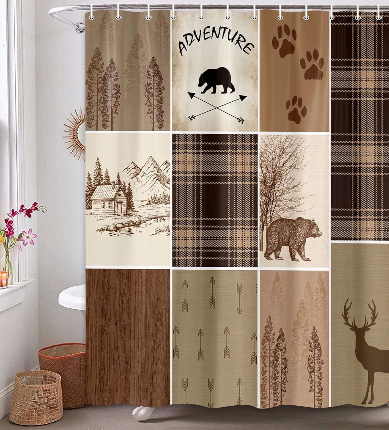 Rustic Cabin Bear Deer Shower Curtain, Country Brown Plaid Shower Curtain Set for Bathroom, Farmhouse Forest Nature Fabric Shower Curtain Restroom Bathtub Decor Accessories with Hooks (60x70)