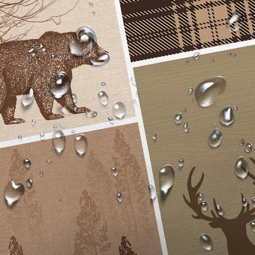 Rustic Cabin Bear Deer Shower Curtain, Country Brown Plaid Shower Curtain Set for Bathroom, Farmhouse Forest Nature Fabric Shower Curtain Restroom Bathtub Decor Accessories with Hooks (60x70)