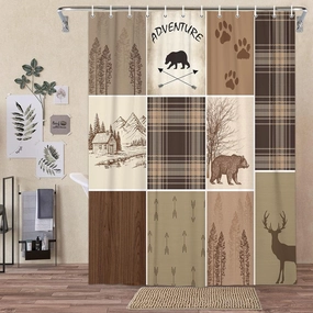 Rustic Cabin Bear Deer Shower Curtain, Country Brown Plaid Shower Curtain Set for Bathroom, Farmhouse Forest Nature Fabric Shower Curtain Restroom Bathtub Decor Accessories with Hooks (60x70)