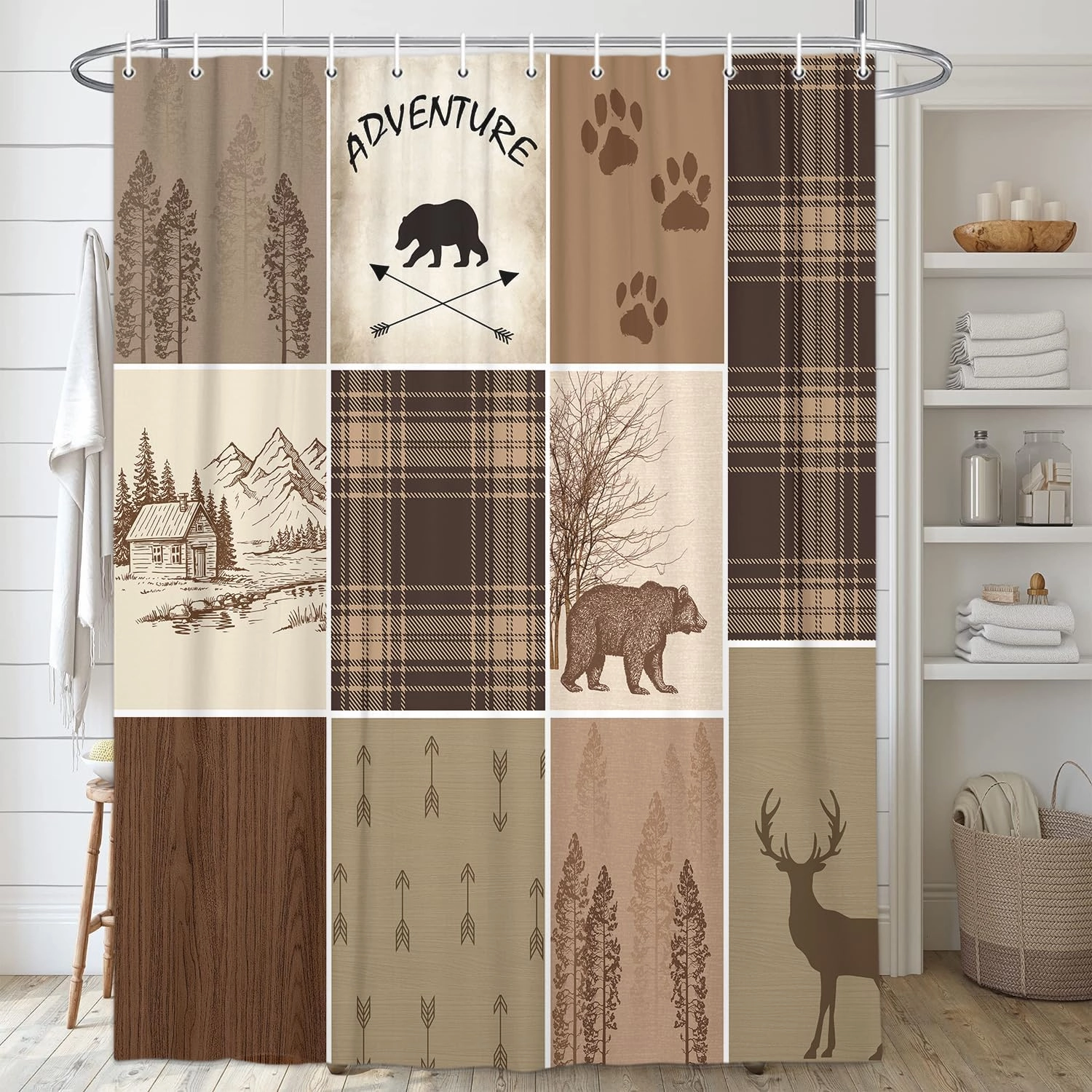 Rustic Cabin Bear Deer Shower Curtain, Country Brown Plaid Shower Curtain Set for Bathroom, Farmhouse Forest Nature Fabric Shower Curtain Restroom Bathtub Decor Accessories with Hooks (60x70)