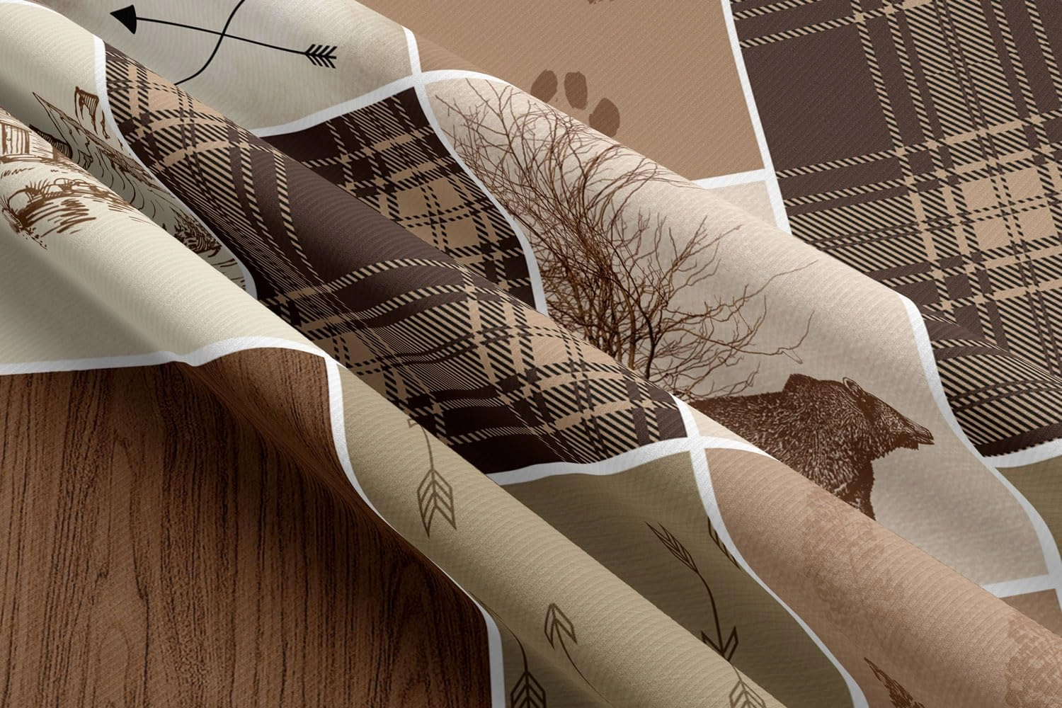 Rustic Cabin Bear Deer Shower Curtain, Country Brown Plaid Shower Curtain Set for Bathroom, Farmhouse Forest Nature Fabric Shower Curtain Restroom Bathtub Decor Accessories with Hooks (60x70)