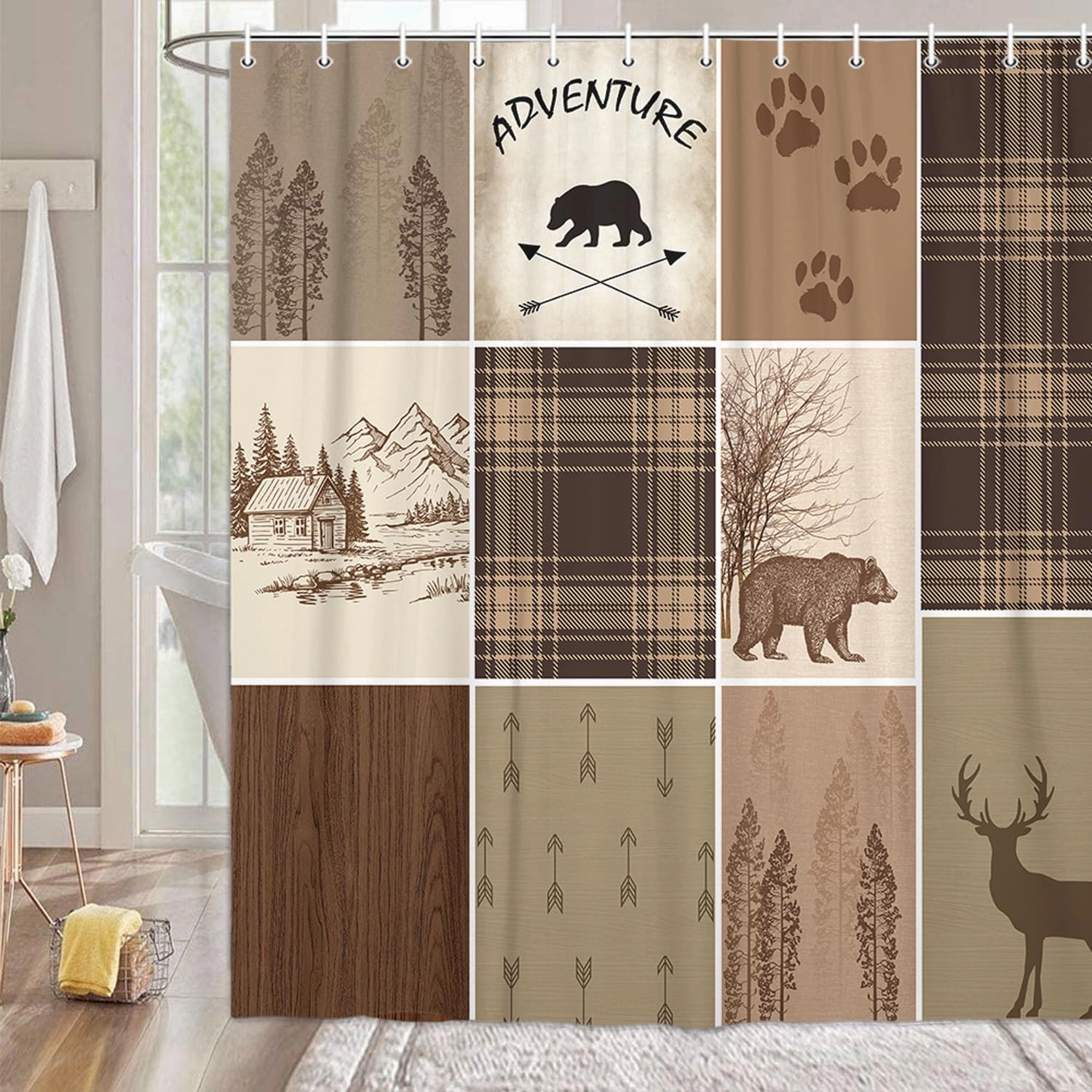 Rustic Cabin Bear Deer Shower Curtain, Country Brown Plaid Shower Curtain Set for Bathroom, Farmhouse Forest Nature Fabric Shower Curtain Restroom Bathtub Decor Accessories with Hooks (60x70)
