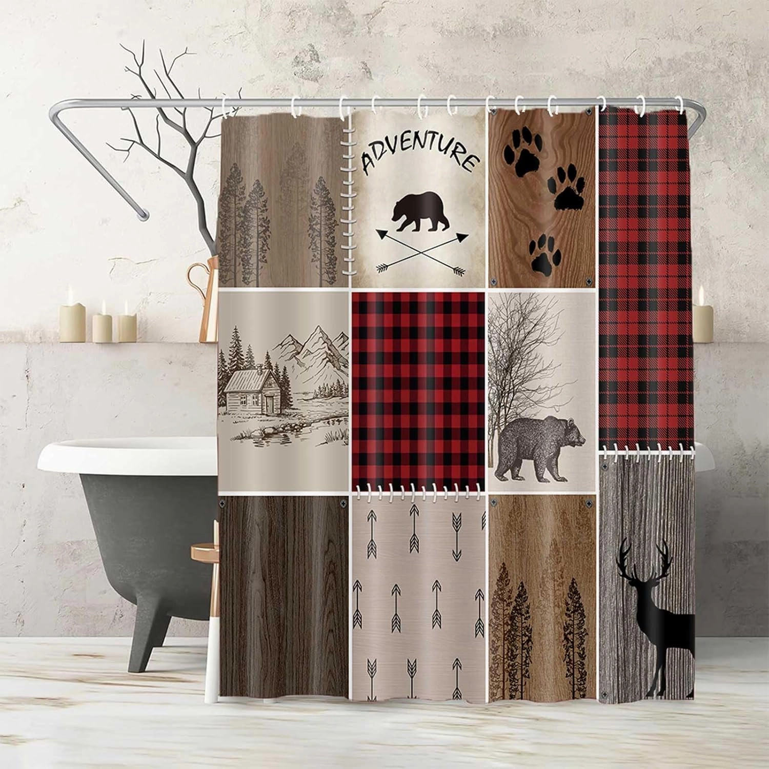 Rustic Cabin Bear Deer Shower Curtain, Country Red Plaid Shower Curtain Set for Bathroom, Farmhouse Forest Nature Fabric Shower Curtain Restroom Bathtub Decor Accessories with Hooks 69X 70 inch