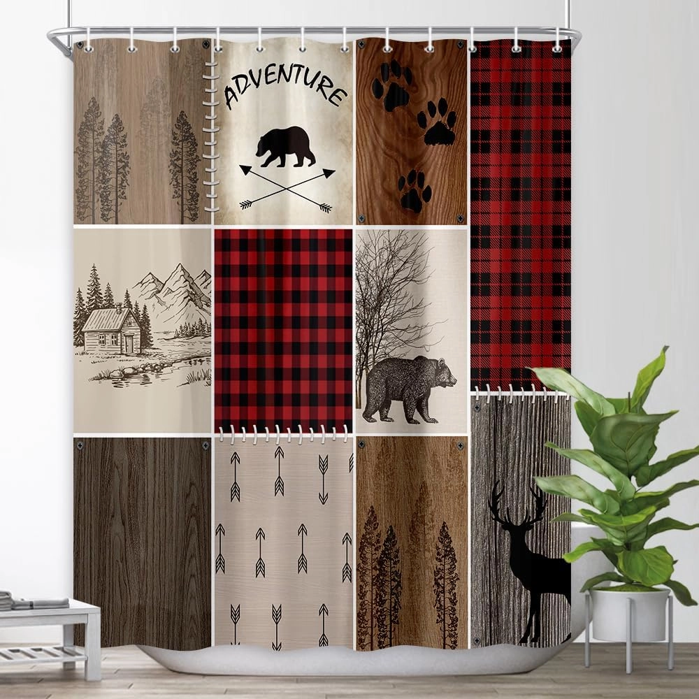 Rustic Cabin Bear Deer Shower Curtain, Country Red Plaid Shower Curtain Set for Bathroom, Farmhouse Forest Nature Fabric Shower Curtain Restroom Bathtub Decor Accessories with Hooks 69X 70 inch