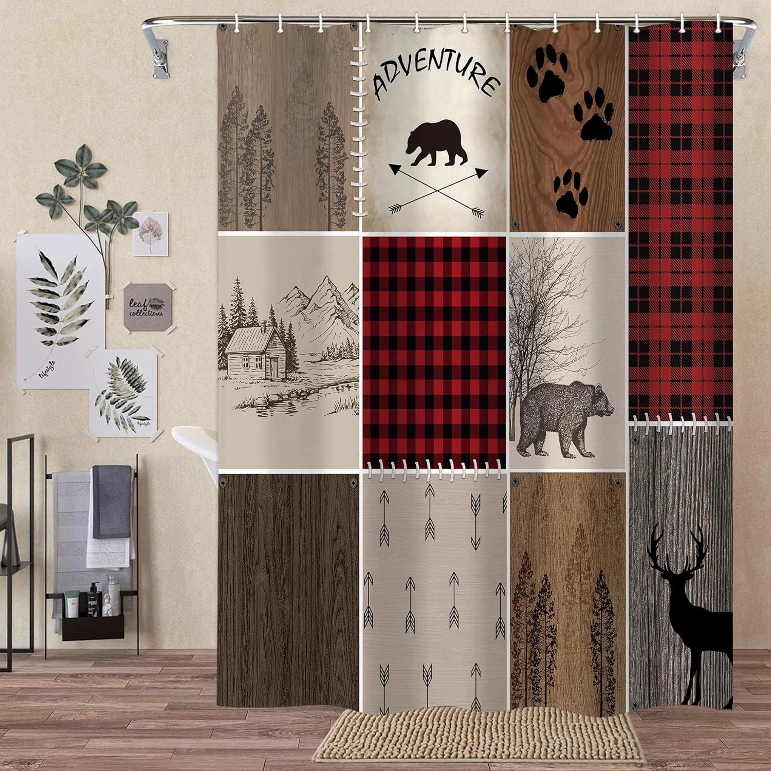 Rustic Cabin Bear Deer Shower Curtain, Country Red Plaid Shower Curtain Set for Bathroom, Farmhouse Forest Nature Fabric Shower Curtain Restroom Bathtub Decor Accessories with Hooks 69X 70 inch