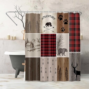Rustic Cabin Bear Deer Shower Curtain, Country Red Plaid Shower Curtain Set for Bathroom, Farmhouse Forest Nature Fabric Shower Curtain Restroom Bathtub Decor Accessories with Hooks 69X 70 inch