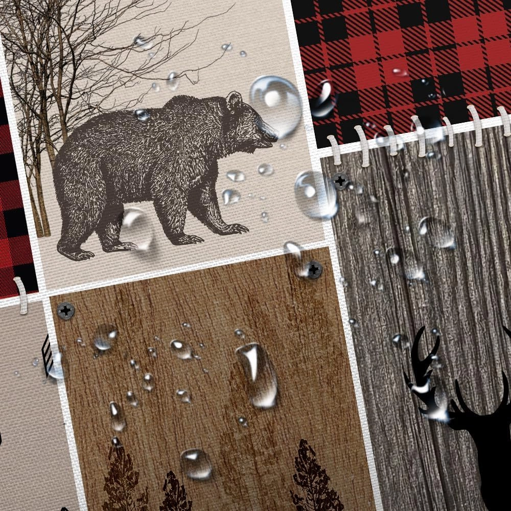 Rustic Cabin Bear Deer Shower Curtain, Country Red Plaid Shower Curtain Set for Bathroom, Farmhouse Forest Nature Fabric Shower Curtain Restroom Bathtub Decor Accessories with Hooks 69X 70 inch