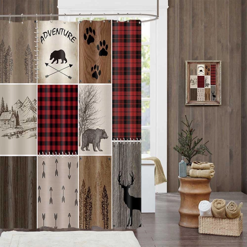 Rustic Cabin Bear Deer Shower Curtain, Country Red Plaid Shower Curtain Set for Bathroom, Farmhouse Forest Nature Fabric Shower Curtain Restroom Bathtub Decor Accessories with Hooks 69X 70 inch