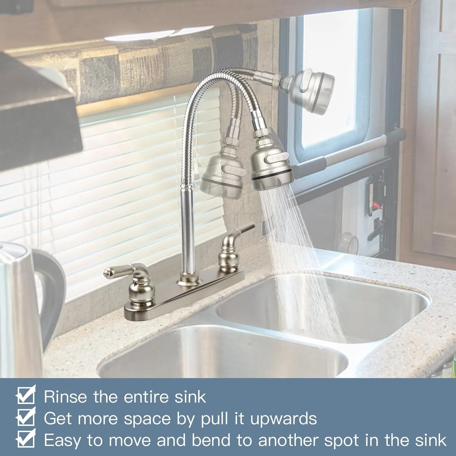 RV Kitchen Faucet,Camper Faucet Kitchen Replacement RV Sink Faucets with Flexible Arch 360 Swivel Rotatable Sprayer for Campers,Travel Trailers,Motorhomes,8 inch 2 Hole,Non-Metallic,Brushed Nickel