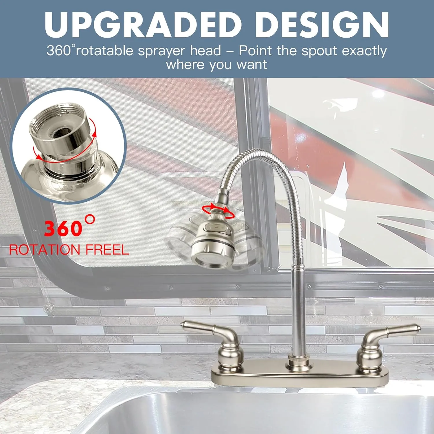 RV Kitchen Faucet,Camper Faucet Kitchen Replacement RV Sink Faucets with Flexible Arch 360 Swivel Rotatable Sprayer for Campers,Travel Trailers,Motorhomes,8 inch 2 Hole,Non-Metallic,Brushed Nickel