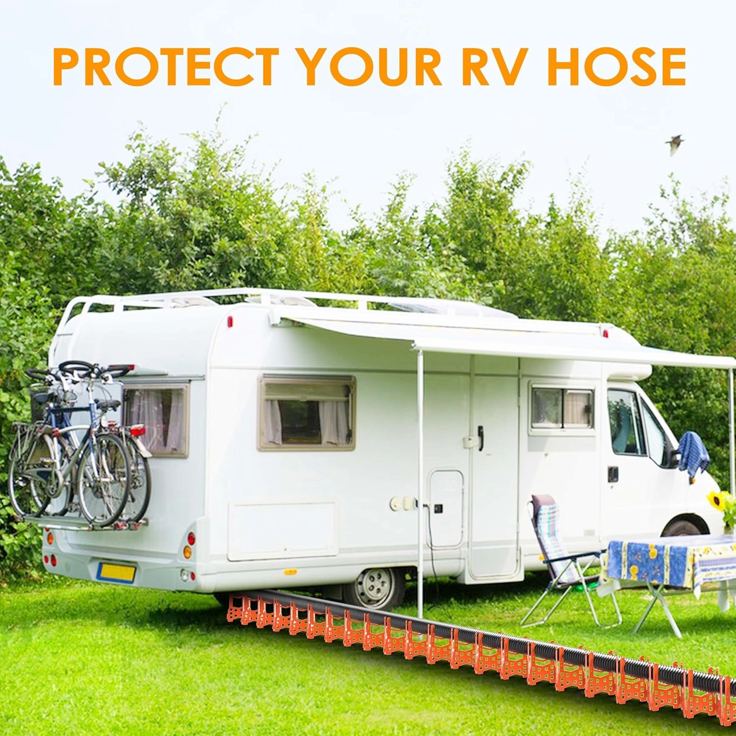 RV Sewer Hose Support 20 FT, U-shaped Adjustable Height Sewer Hose Support with Elastic Straps and Rubber Ties Quick Set-up RV Sewer Hose Storage for Travel Trailers Campers, Blaze Orange