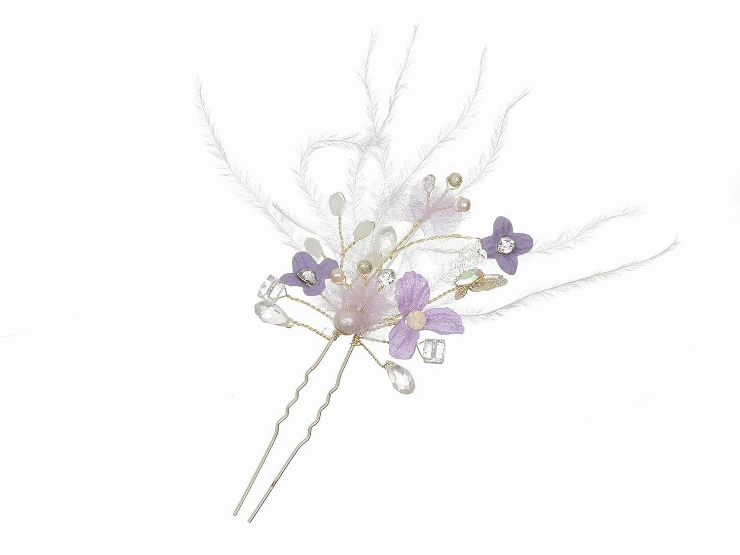 SAMKY 2 PCS Lilac Lavander Purple Flower Butterfly Crystal Feather Hair Pins - Gold T1257