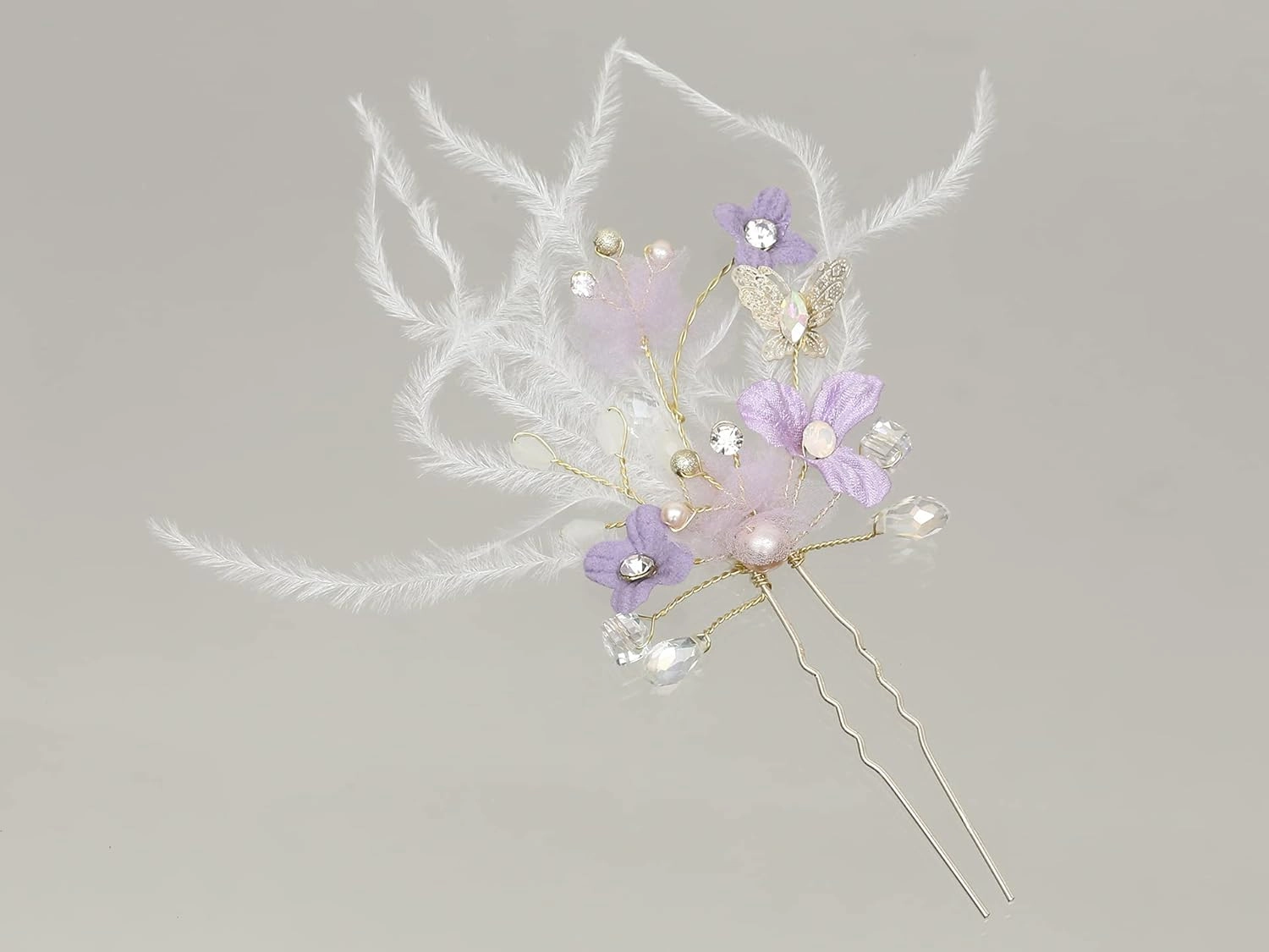 SAMKY 2 PCS Lilac Lavander Purple Flower Butterfly Crystal Feather Hair Pins - Gold T1257