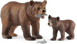 Schleich Wild Life - 4 PC Grizzly Bear Figure Toy Playset - Realistic Mom and Baby Brown Bear Cub Figurine with Fish for Kids and Toddlers - Educational Animal Toys for Boys and Girls Ages 3  - 42473