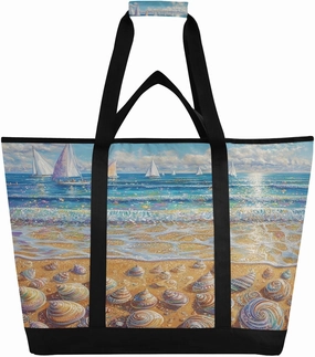 Sea Beach Reusable Insulated Lunchbox Cooler Bag, Leakproof Kitchen Grocery Bag Collapsible Portable Cooler Tote Bag for Picnic, Camping, Office, Travel