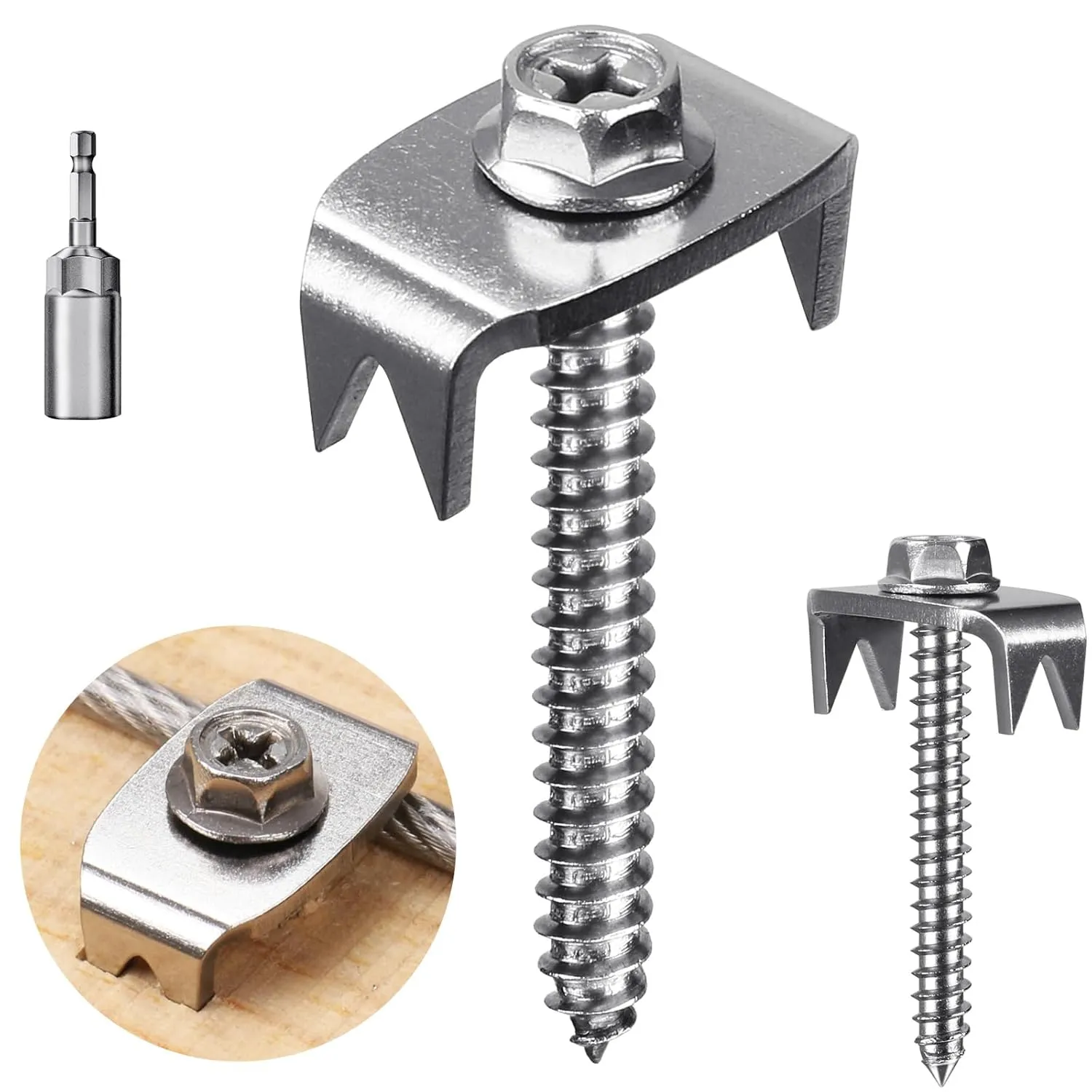 SELEWARE 50 Pcs Stainless Steel Fence Staples Fence Nails for Softwood Reusable Fence Nails for Wire Mesh & Woven Fencing, Fence Fasteners with Wire Fixer, Easy Install & Remove with Power Drill