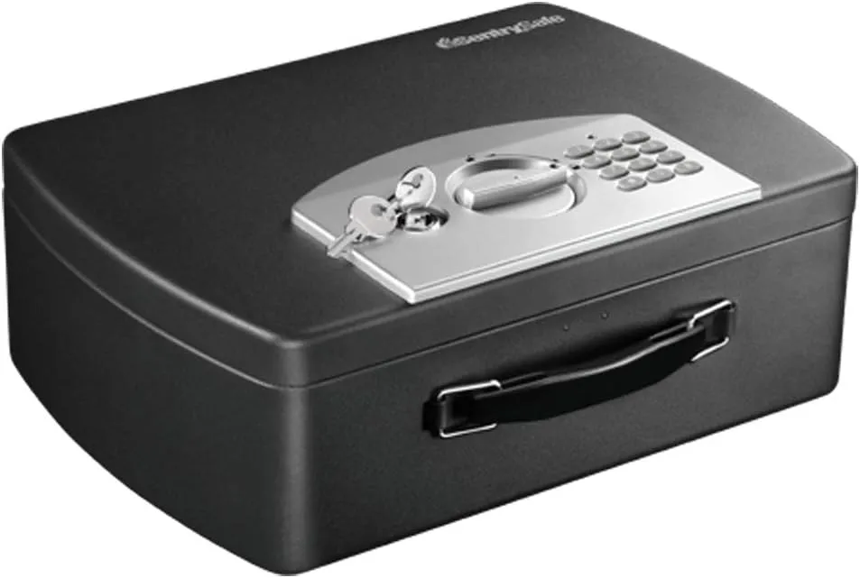 SentrySafe Portable Black Safe Box with Digital Keypad Lock, Small Steel Travel Safe with Carrying Handle for Money, Passport, 0.21 Cubic Feet, 4.4 x 13 x 10 Inches, P021E