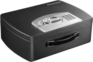 SentrySafe Portable Black Safe Box with Digital Keypad Lock, Small Steel Travel Safe with Carrying Handle for Money, Passport, 0.21 Cubic Feet, 4.4 x 13 x 10 Inches, P021E