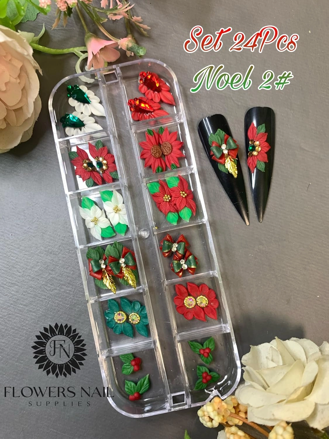 Set 24Pcs 3D Acrylic Christmas Nail Art Charms- Santa, Snowman, Reindeer,Pine tree, Penguin, Bear heart Handmade by Acrylic Powder (Noel-KILUM-Style-1)