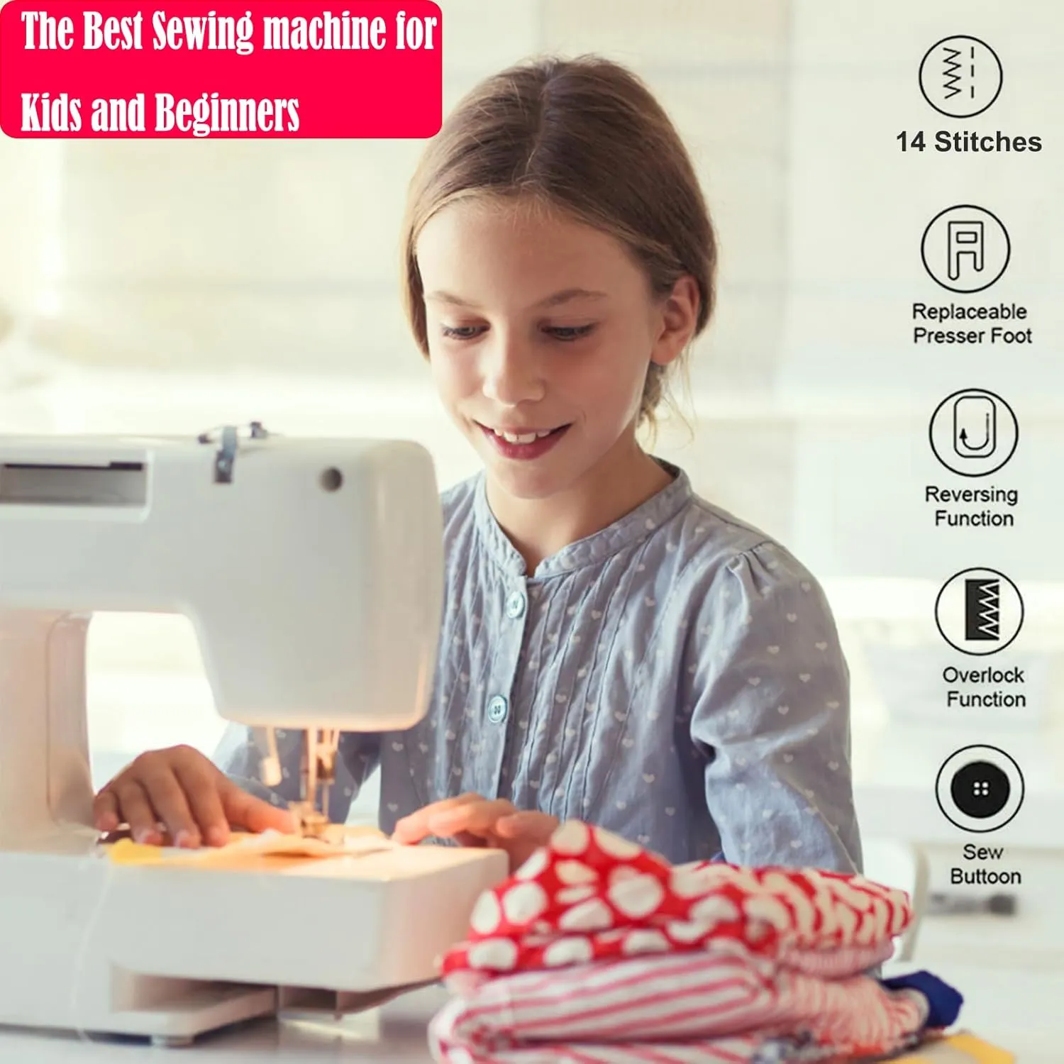 Sewing Machine for Beginners, Electric Mini Portable, 14 Built-in Stitches with Reverse Sewing, 2 Speeds Double Thread with Foot Pedal, Storage Bag, Cotton Fabric and Threads- Extension Table