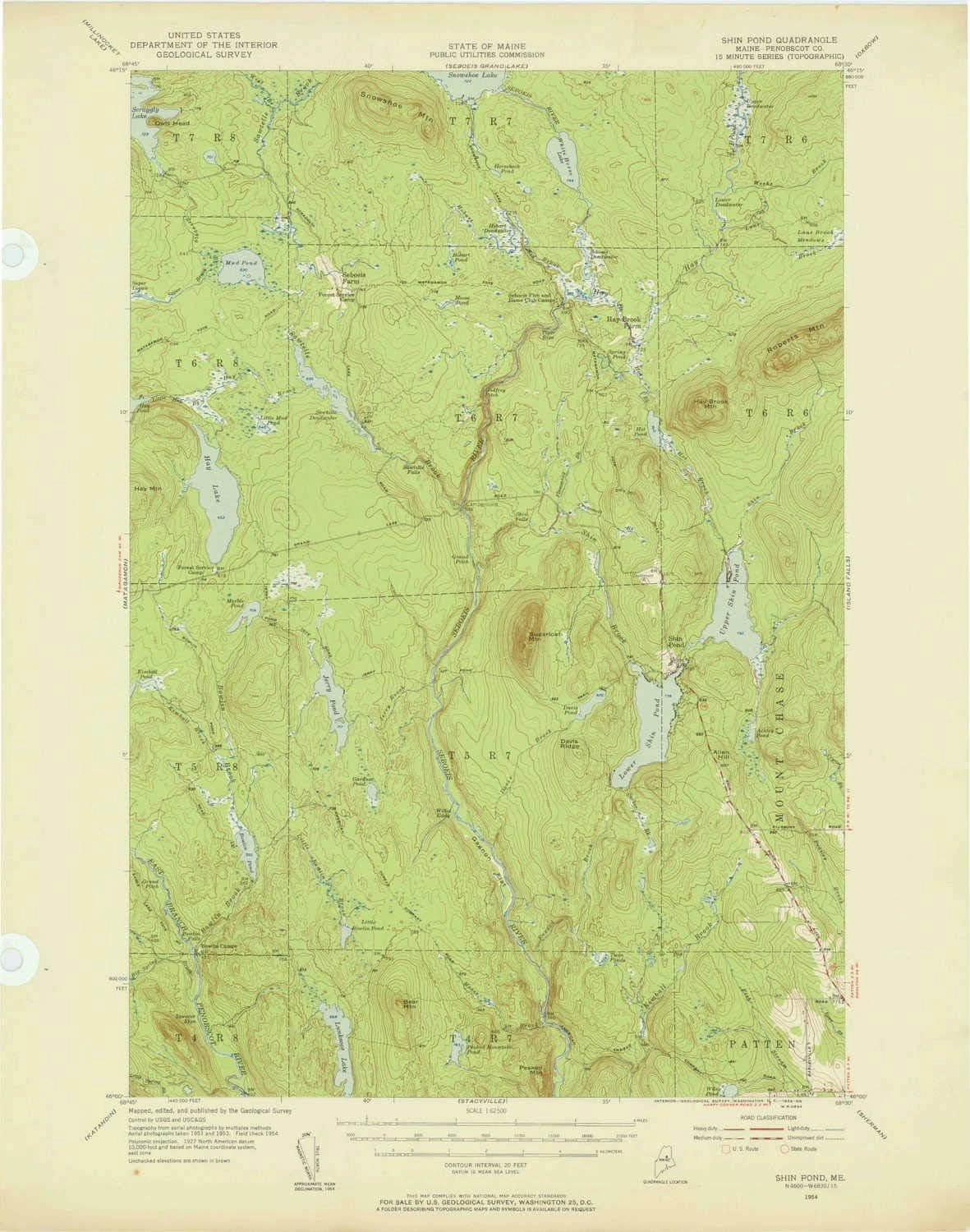 Shin Pond ME topo map, 1:62500 Scale, 15 X 15 Minute, Historical, 1954, Updated 1956, 21 x 16.5 in
