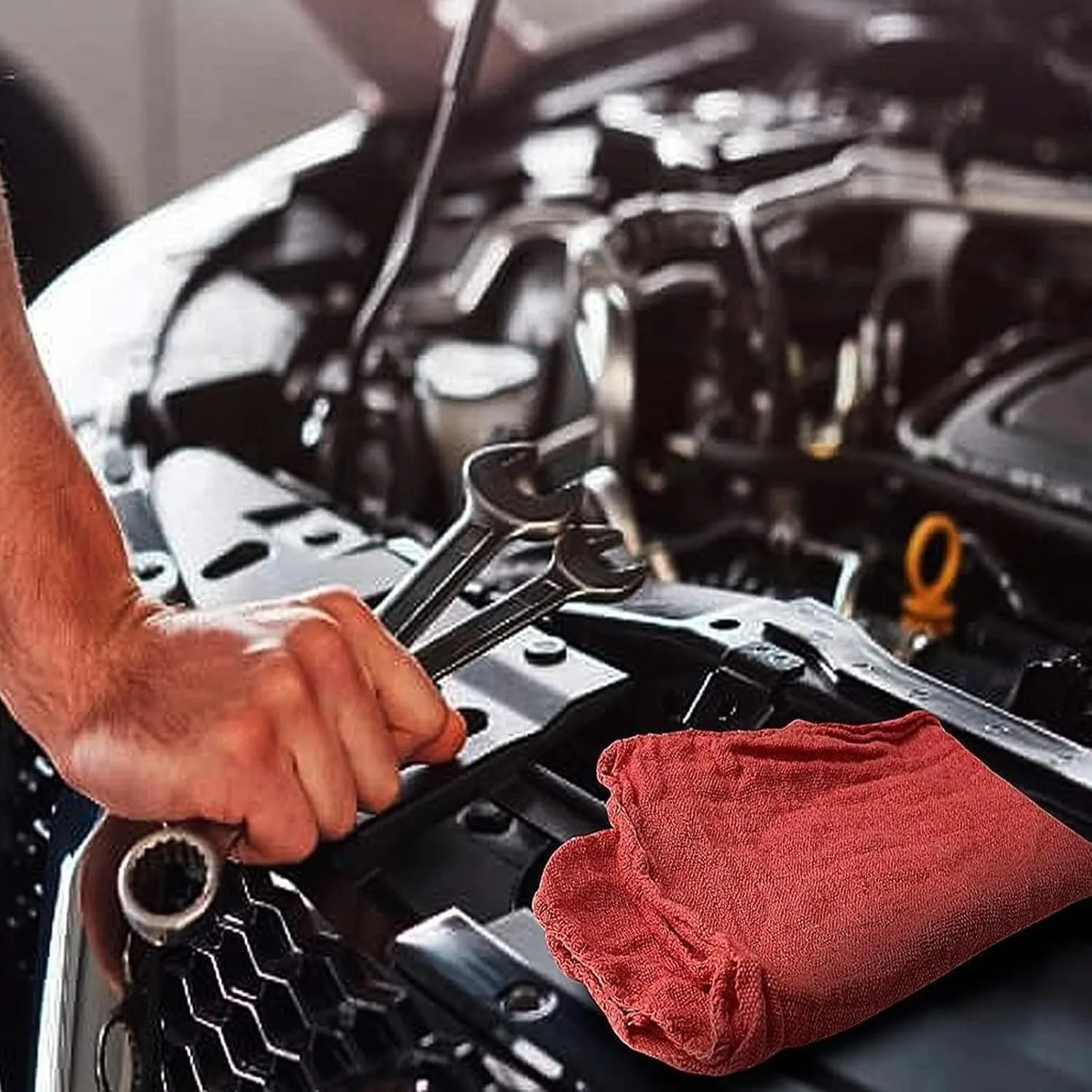 Shop Towels - Bulk Cleaning Towel in a Bag, Mechanic Cotton Wipes for Car Maintenance, Auto Mechanics & Garage, Wipe Grease & Oil, Machine Wash & Reusable (Red, 25-Pack)