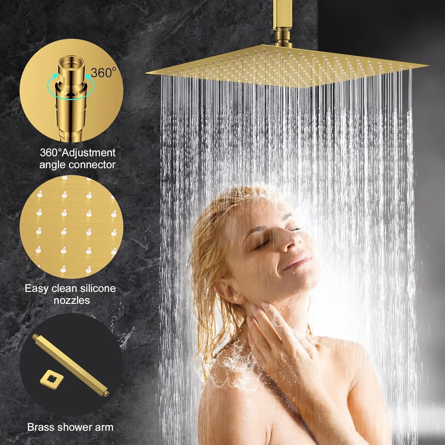 Shower System, 12 Inch Brushed Gold High Pressure Shower Head with Rain Handheld Combo Set, Ceiling Mounted Dual Shower Head System, Bathroom Shower Faucet Set Rough-in Valve Body and Trim