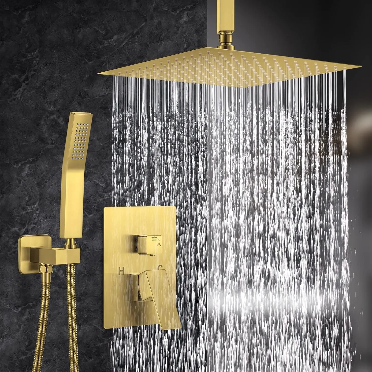 Shower System, 12 Inch Brushed Gold High Pressure Shower Head with Rain Handheld Combo Set, Ceiling Mounted Dual Shower Head System, Bathroom Shower Faucet Set Rough-in Valve Body and Trim