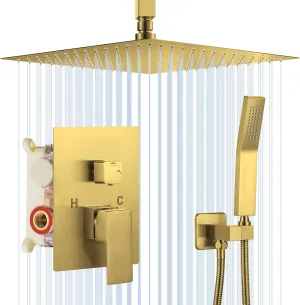Shower System, 12 Inch Brushed Gold High Pressure Shower Head with Rain Handheld Combo Set, Ceiling Mounted Dual Shower Head System, Bathroom Shower Faucet Set Rough-in Valve Body and Trim