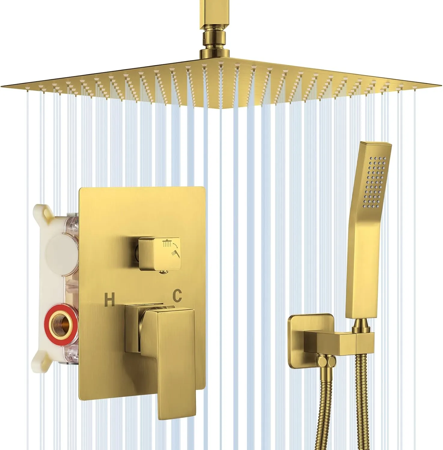 Shower System, 12 Inch Brushed Gold High Pressure Shower Head with Rain Handheld Combo Set, Ceiling Mounted Dual Shower Head System, Bathroom Shower Faucet Set Rough-in Valve Body and Trim