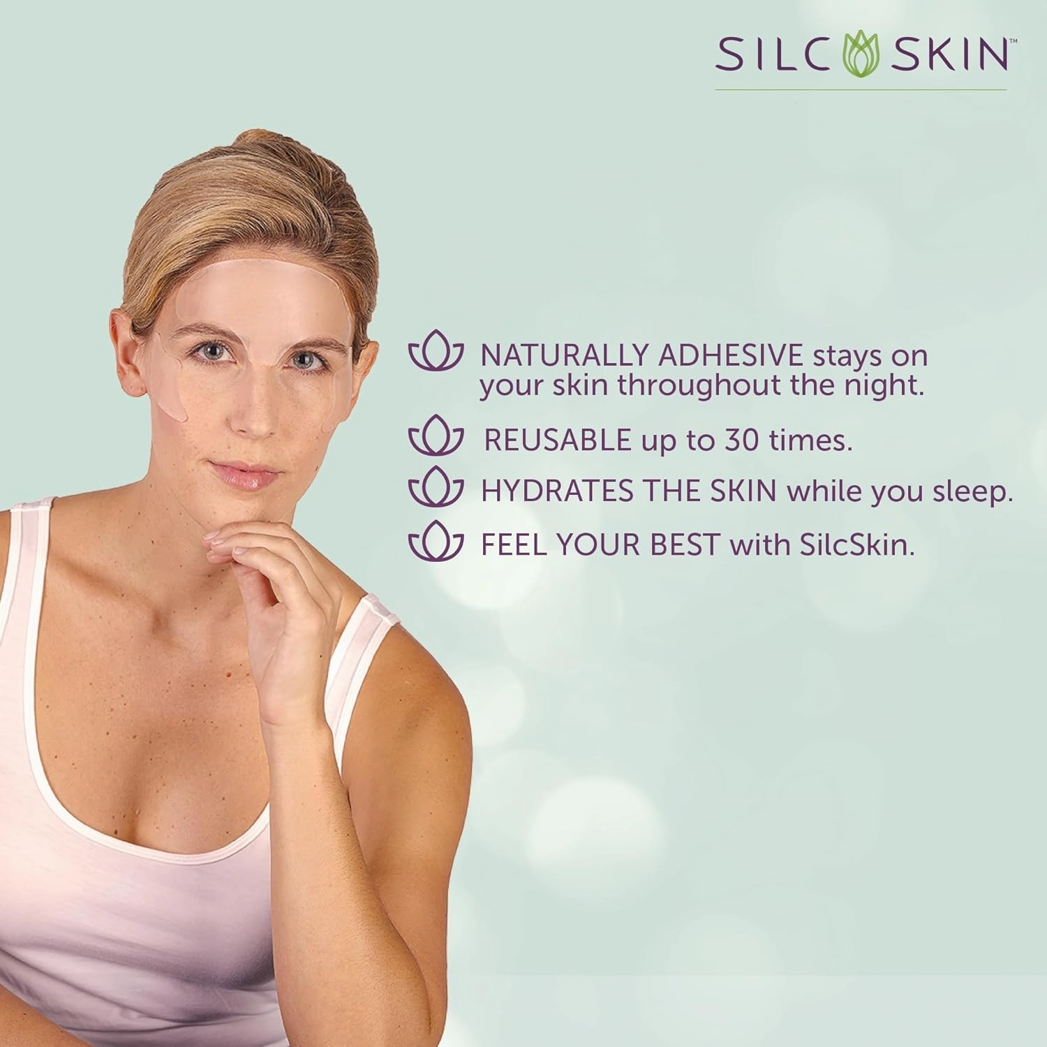 SilcSkin Facial Pad - Full Face Set Reusable Pads, Self-Adhesive Silicone Face Patches, Wrinkle Patches for Face and Eyes - 7 Reusable Face Pads