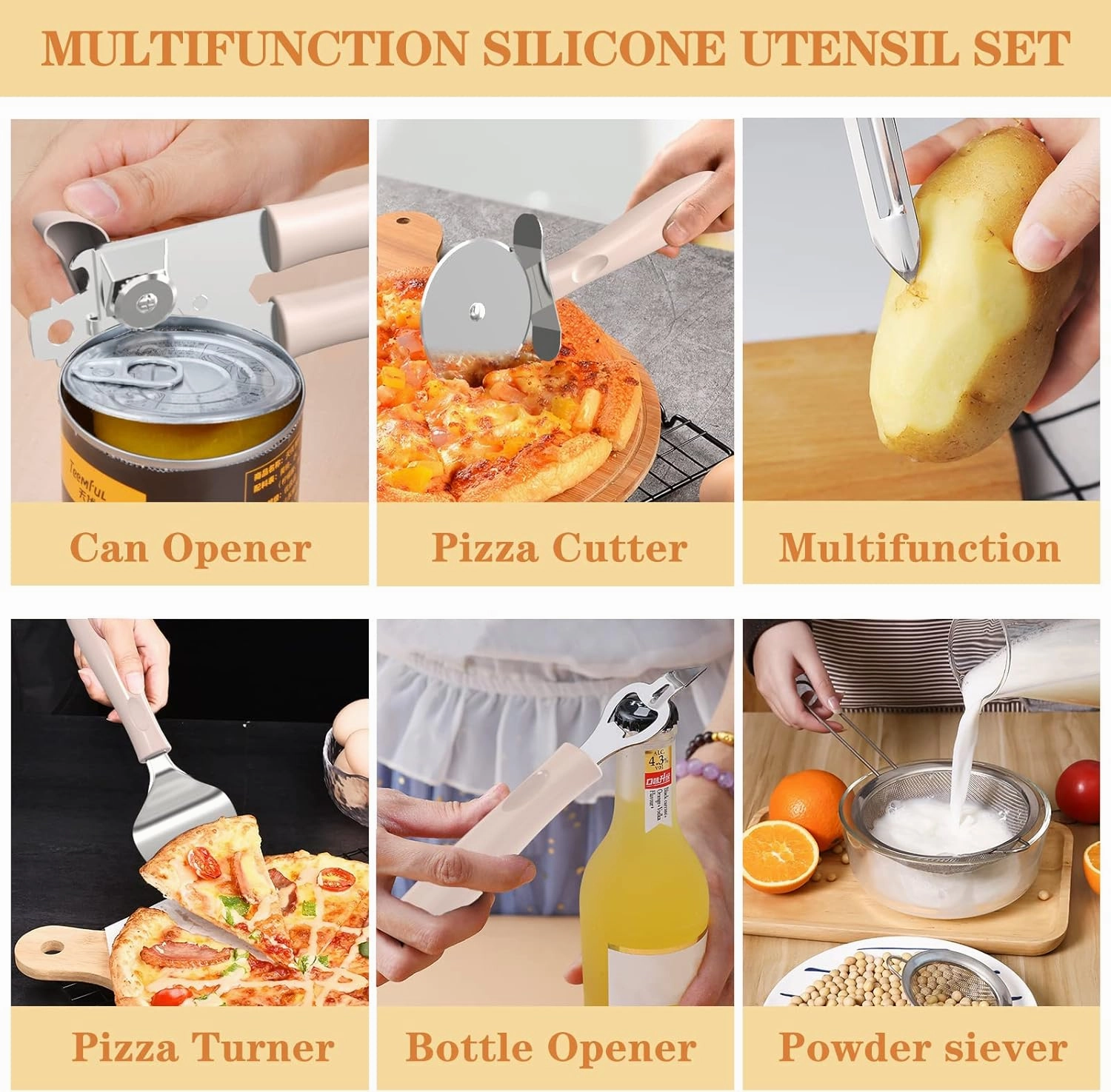 Silicone Cooking Utensil Set, Umite Chef 43 PCS Heat Resistant Kitchen Utensil Gadgets Set-Stainless Steel Handle- Kitchen Spatula Tools for Nonstick Cookware, Pots and Pans Accessories (Khaki)