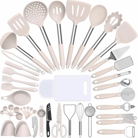 Silicone Cooking Utensil Set, Umite Chef 43 PCS Heat Resistant Kitchen Utensil Gadgets Set-Stainless Steel Handle- Kitchen Spatula Tools for Nonstick Cookware, Pots and Pans Accessories (Khaki)