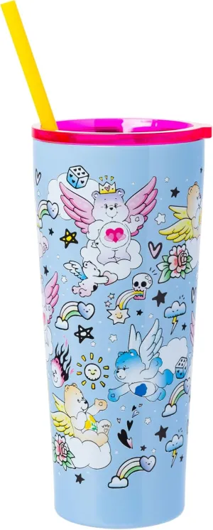 Silver Buffalo Care Bears Double Walled Stainless Steel Tumbler with Straw - 22 Ounces, Featuring Grumpy, Love-A-Lot, Cheer, Wish, and Good Luck Bears