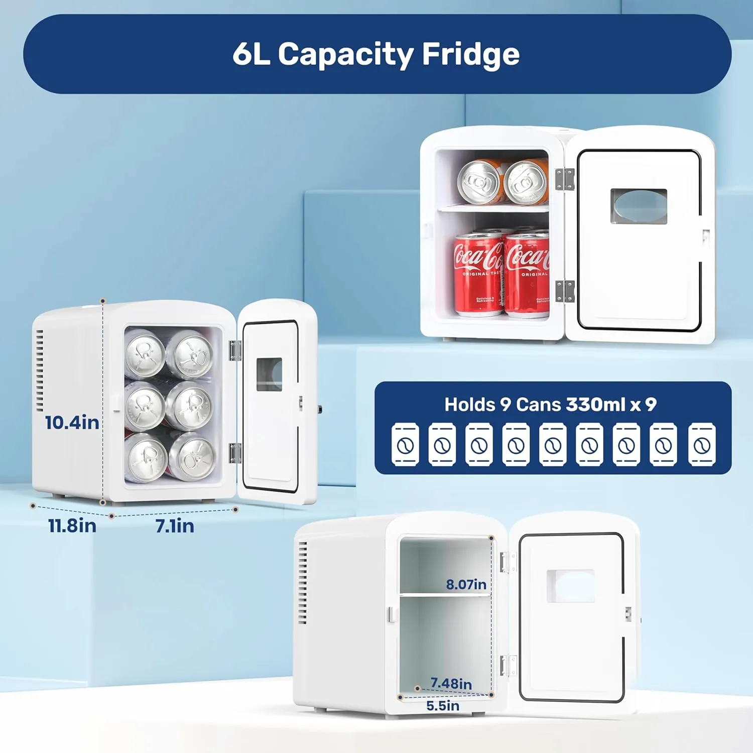Simple Deluxe 6L/9 Can Mini Observation, Portable Cooler & Warmer Freon-Free Small Refrigerator, Compact Fridge for Skincare, 4L with Window, White