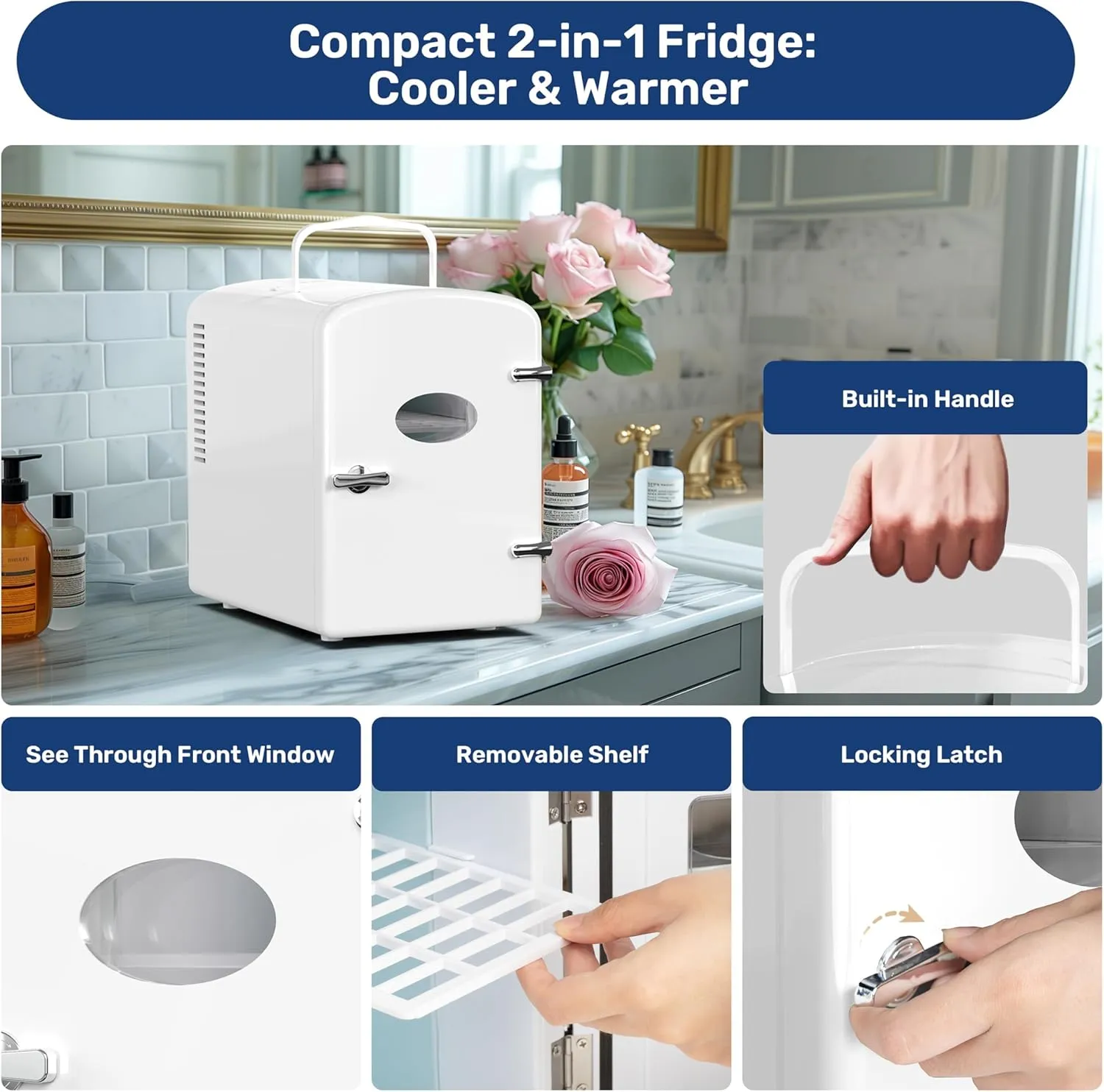 Simple Deluxe 6L/9 Can Mini Observation, Portable Cooler & Warmer Freon-Free Small Refrigerator, Compact Fridge for Skincare, 4L with Window, White