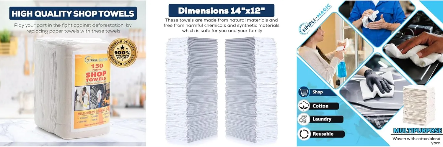 SIMPLI-MAGIC 79142 Shop Towels 14"x12", 150 Count (Pack of 1), Cotton, White