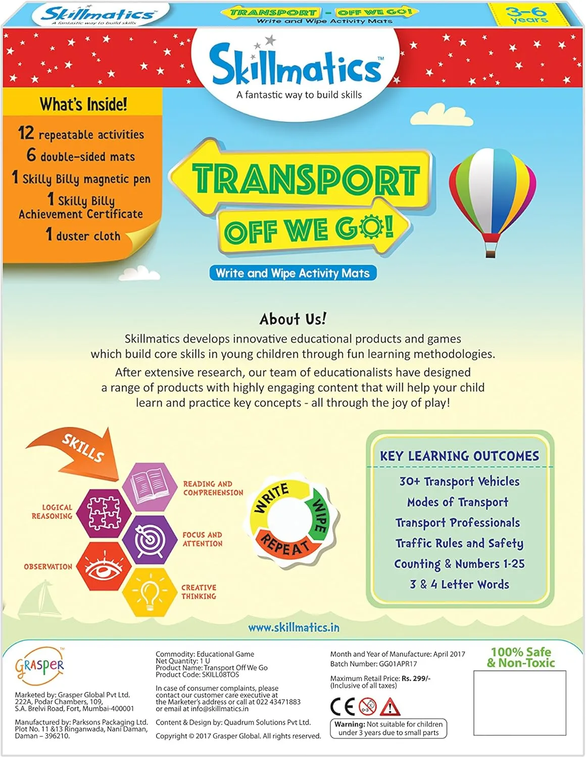Skillmatics Educational Game - Transport Off We Go, Reusable Activity Mats with Dry Erase Marker, Gifts, Travel Toy, Ages 3 to 6