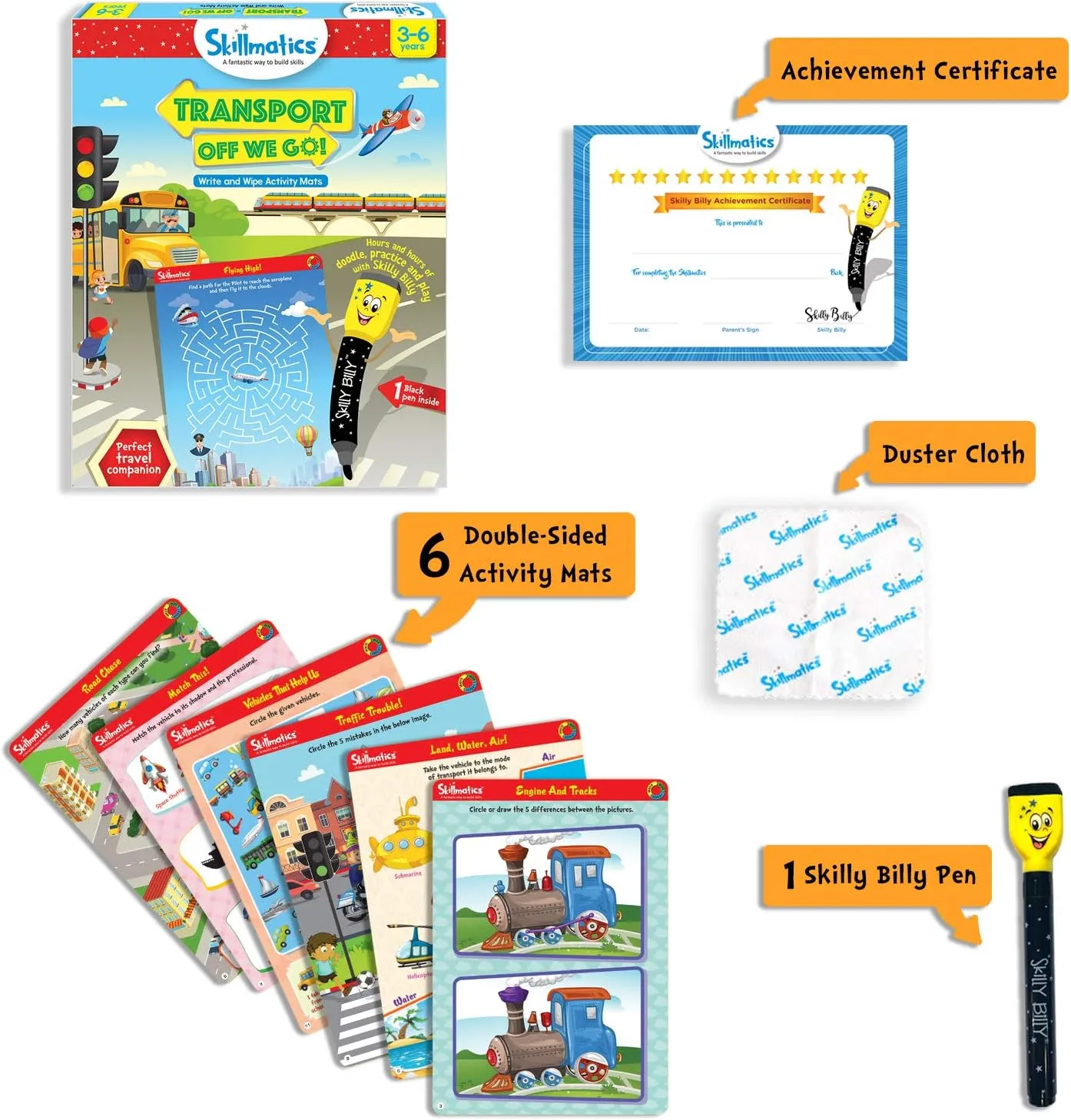 Skillmatics Educational Game - Transport Off We Go, Reusable Activity Mats with Dry Erase Marker, Gifts, Travel Toy, Ages 3 to 6