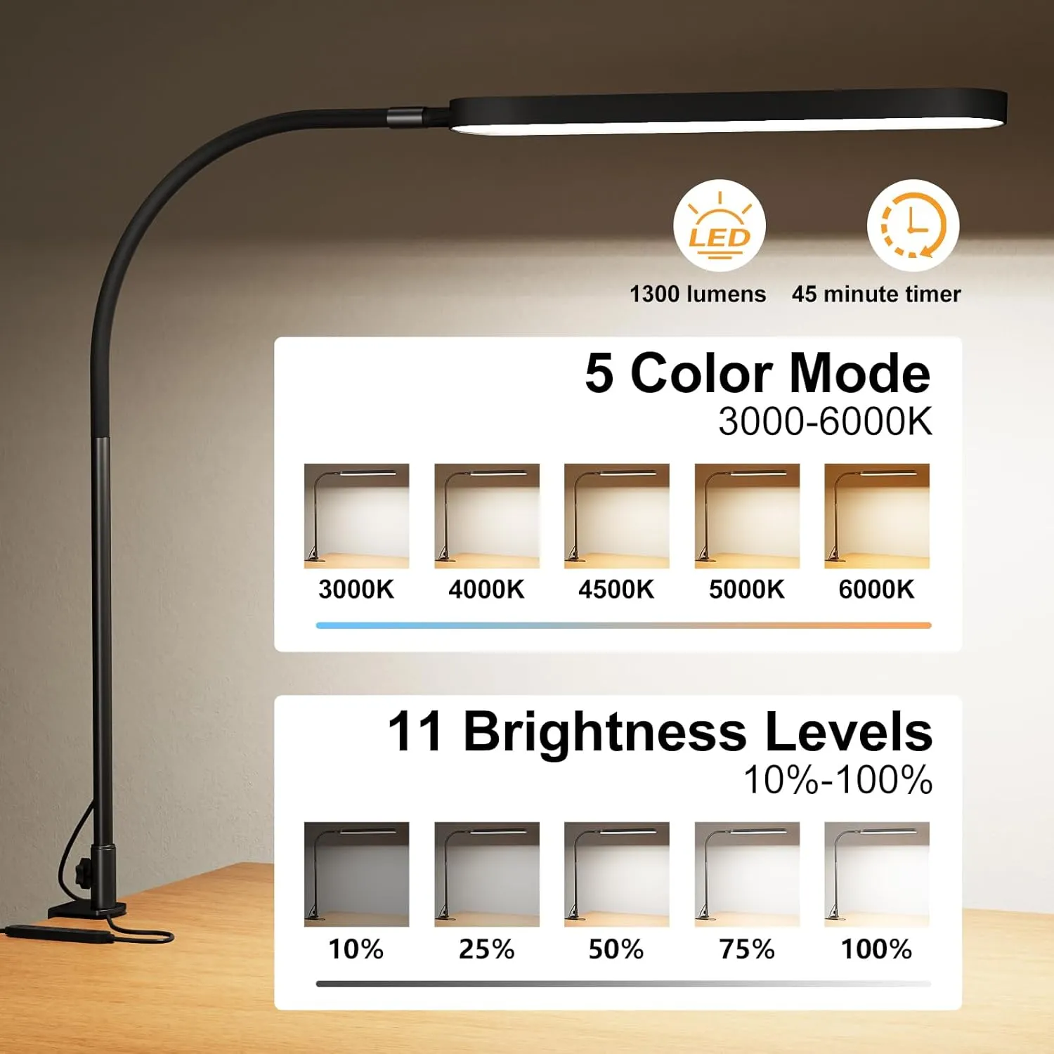 SKYLEO Led Desk Lamp - Desk Light for 33.5" Tall - Flexible Gooseneck - 5 Color Modes X 11 Brightness Levels - 1300LM - Timmer & Memory Function - 12W Clip on Light - Black