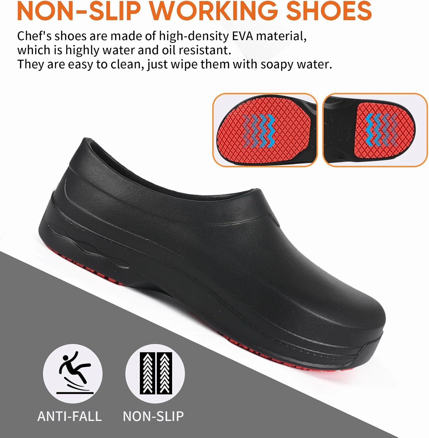 Slip Resistant Shoes for Kitchen/Chef/Garden/Nurse Non Slip Work Shoes for Men & Women Durable & Comfortable Black Clogs for Professional Safety(6-11Men/8-12.5Women)
