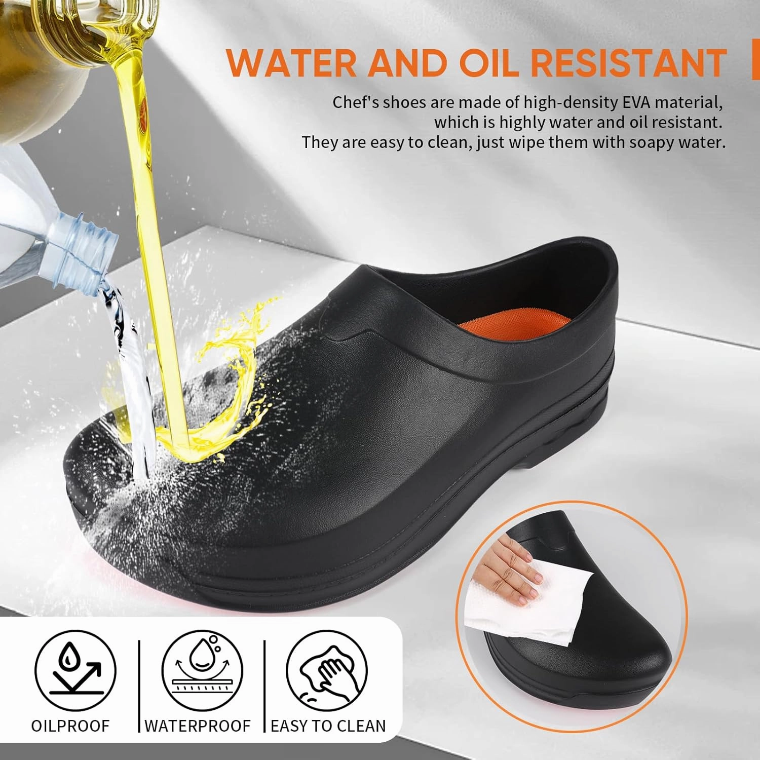 Slip Resistant Shoes for Kitchen/Chef/Garden/Nurse Non Slip Work Shoes for Men & Women Durable & Comfortable Black Clogs for Professional Safety(6-11Men/8-12.5Women)