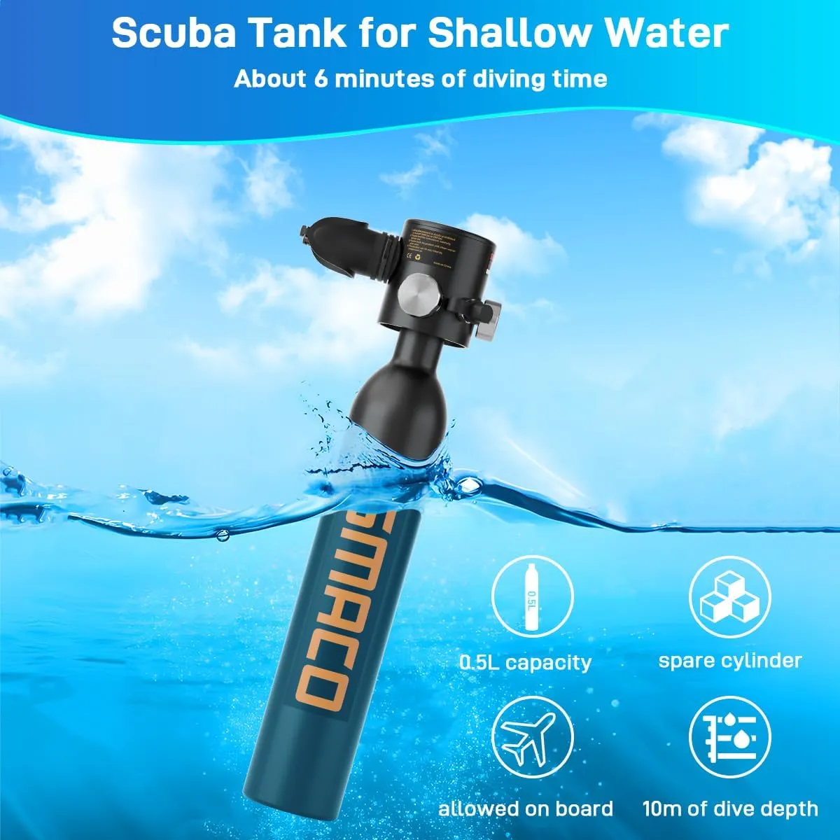 SMACO S300 Plus Mini Scuba Tank 0.5L - Reusable Portable Diving Tank & Emergency Pony Bottle up to 10-Minute Air Supply Underwater Breathing Device Freediving DOT-Certified Air Cylinder