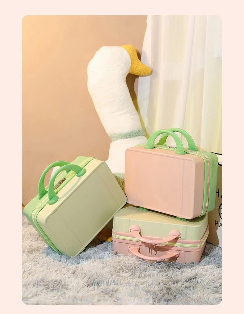 Small fresh suitcase luggage small lightweight retro cosmetic case 14 inch travel case(Green powder,14 inches)