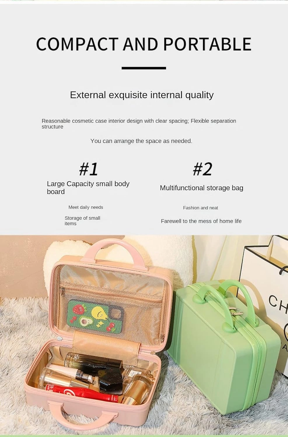 Small fresh suitcase luggage small lightweight retro cosmetic case 14 inch travel case(Green powder,14 inches)
