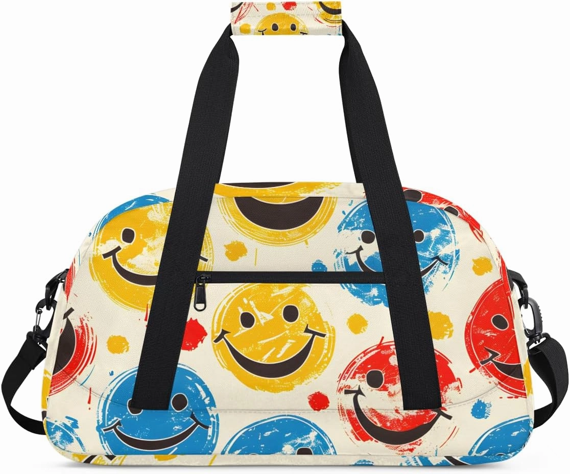 Smiley Graffiti Kids Overnighter Duffel Bags for Boys, Carry-On Size Sports Gym Bag with Front Zipper Pocket for School Practice or Overnight Travel Weekender Sleepover Tote Bag