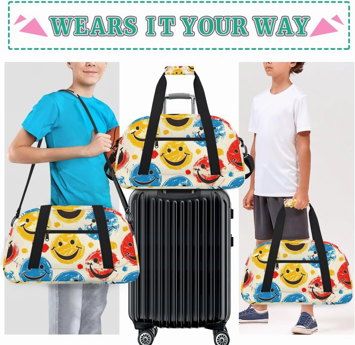 Smiley Graffiti Kids Overnighter Duffel Bags for Boys, Carry-On Size Sports Gym Bag with Front Zipper Pocket for School Practice or Overnight Travel Weekender Sleepover Tote Bag